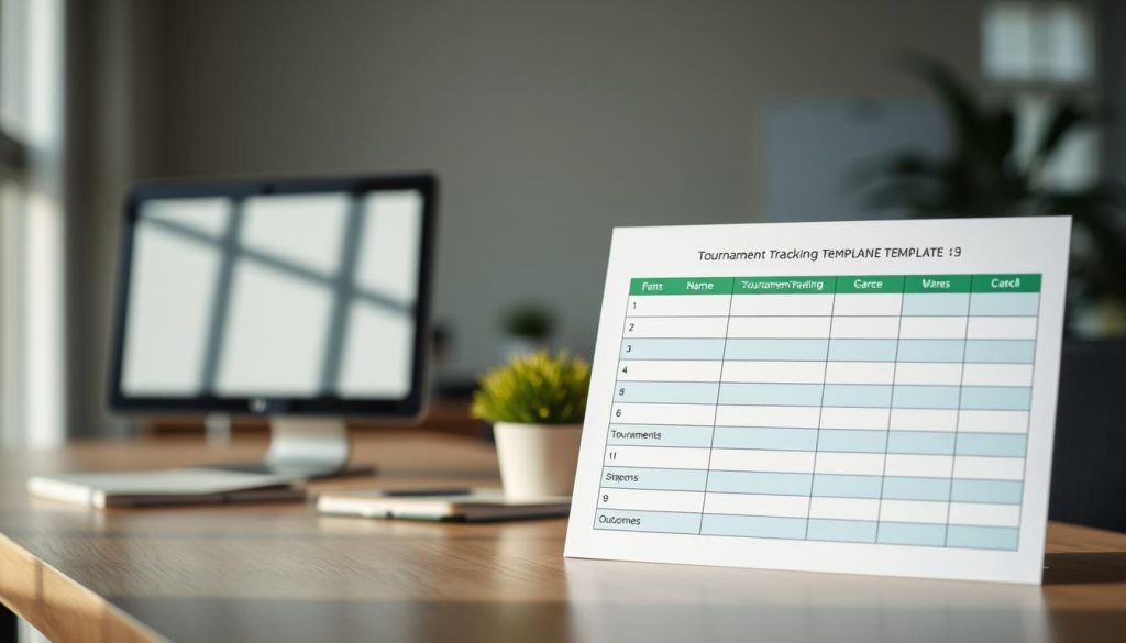 A clean and organized tournament tracking template, positioned prominently in the foreground. The template features clear sections for player names, event dates, tournament types, and outcomes, showcasing a well-structured layout with visually appealing colors like light blue and green. In the middle ground, there are subtle hints of a professional workspace, such as a computer, a notebook, and a plant to add a touch of warmth. The background is softly blurred, suggesting an office environment with natural lighting streaming in through a window, creating a productive and inspiring atmosphere. The overall mood is focused and encouraging, ideal for showcasing tools essential for tracking tournament wins. The image should maintain a professional and motivational tone, free from any extraneous elements.
