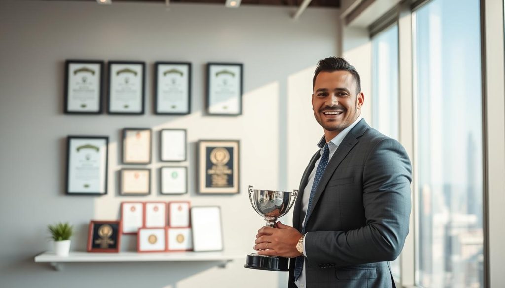 A confident athlete standing in a modern, well-lit office environment, showcasing their personal brand. The foreground features the athlete in professional business attire, smiling, and holding a trophy. The middle layer includes a display of framed awards and certificates on a sleek wall, representing their tournament wins and achievements. The background reveals a large window with a city skyline, adding a dynamic urban feel. Soft, natural light streams through, creating an inviting atmosphere. The composition captures the essence of professional success and personal branding, emphasizing the importance of self-marketing for athletes. The overall mood is inspirational and empowering.