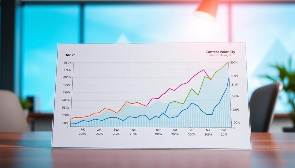 A detailed bank chart illustrating contest volatility versus bankroll management risk, prominently displayed in the foreground with clear, colorful line graphs and statistical data points. The background features a gradient of soft blue and green tones representing stability and growth. In the middle ground, subtle geometric shapes and faint grid lines enhance the data visualization without distracting from the main chart. The lighting is bright and professional, simulating an office environment, with a slight spotlight effect on the chart to draw attention. The overall mood conveys clarity, professionalism, and analytical focus, perfectly encapsulating the theme of risk management in contest selection, suitable for a financial or strategy-oriented article.