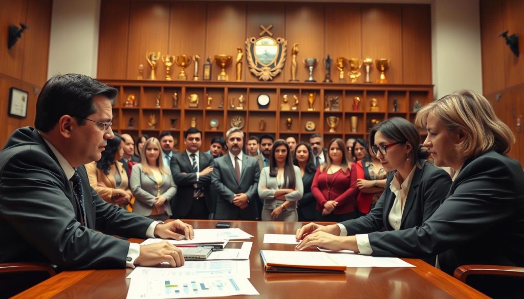 A dynamic courtroom scene depicting a tie-breaker dispute resolution scenario. In the foreground, two judges in professional business attire, one male and one female, are engaged in thoughtful discussion over a large table covered with documents and charts. Their expressions are focused and intense, reflecting the seriousness of their task. In the middle ground, a diverse group of contestants, clad in professional attire, listens attentively, displaying a mix of concern and hope. Behind them, a wall of awards and trophies symbolizes achievement and competition. The lighting is bright and focused on the judges, casting a soft shadow on the contestants, creating a sense of tension. The angle is slightly elevated, providing a comprehensive view of the room, enhancing the atmosphere of a crucial decision-making moment.