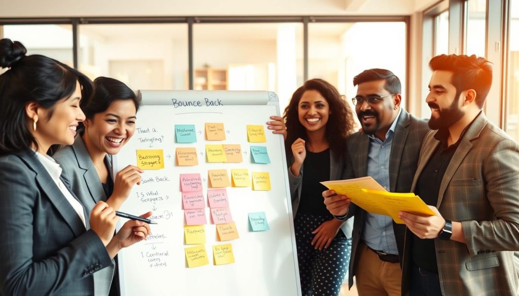 A dynamic scene depicting a diverse group of individuals engaged in a lively brainstorming session, symbolizing bounce-back strategies. In the foreground, an Asian woman and a Black man, both dressed in professional business attire, are writing on a whiteboard filled with colorful post-it notes illustrating various strategies. In the middle ground, a Hispanic woman is animatedly discussing ideas with a South Asian man, both showing expressions of determination and resilience. The background features a bright office space with large windows that let in warm, natural light, enhancing the optimistic atmosphere. The angle is slightly above the group, portraying their collaboration as a powerful force for overcoming setbacks. The mood is energetic and hopeful, emphasizing teamwork and ingenuity.