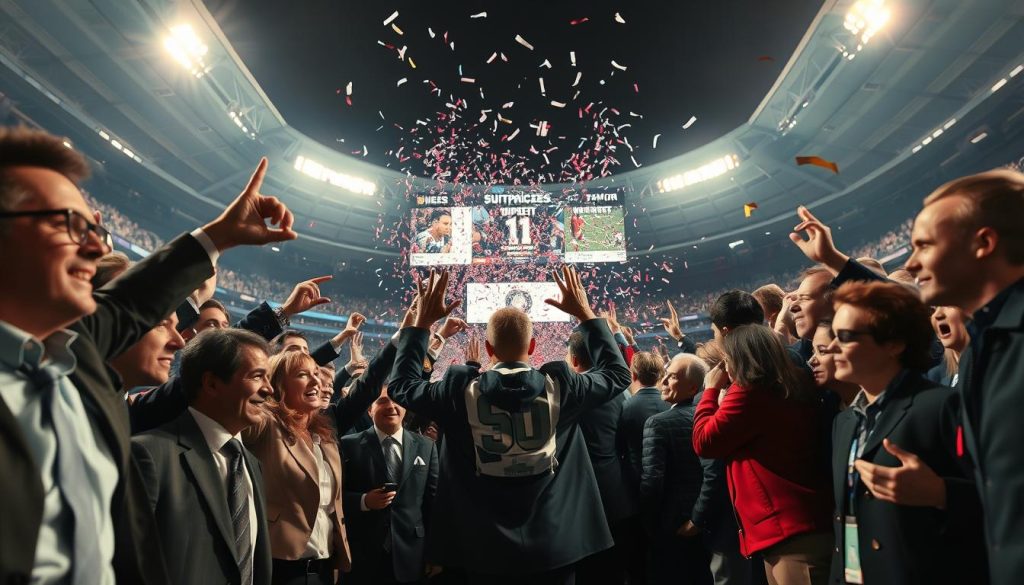 A dynamic sports scene capturing the essence of famous upsets in betting contests. In the foreground, a diverse group of spectators, dressed in professional attire, displays a range of emotions from shock to joy, emphasizing the unexpected nature of the contests. The middle ground features a dramatic moment from a pivotal sporting event, such as a team celebrating a surprise victory, with confetti falling around them. In the background, a large scoreboard displays an upset result, glowing under the bright stadium lights. The atmosphere is electric, filled with tension and excitement, portrayed under a low-angle perspective to emphasize the scale of the event. Utilize vibrant colors and high contrast to convey the thrilling mood, with soft focus on the background to draw attention to the celebratory moment in the foreground.
