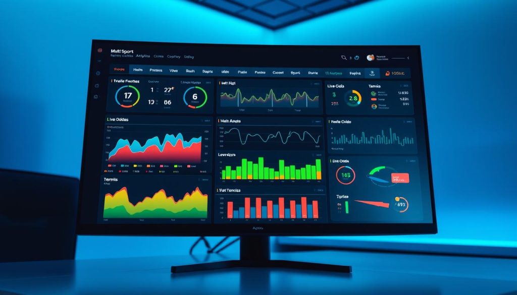 A sleek, modern multi-sport betting analytics dashboard displayed on a high-resolution monitor. The foreground features colorful graphs and visualizations, showcasing data tracking for various sports like football, basketball, and tennis. The middle ground includes interactive elements like charts and live odds, all set against a dark, tech-inspired interface. In the background, soft blue and green ambient lighting enhances a professional atmosphere, reminiscent of a high-tech sports analysis lab. The camera angle is slightly angled from above, giving a comprehensive view of the dashboard, while ensuring clarity and focus on the data. The mood is focused and analytical, conveying a sense of empowerment and strategic insight for users tracking data across multiple sports events.