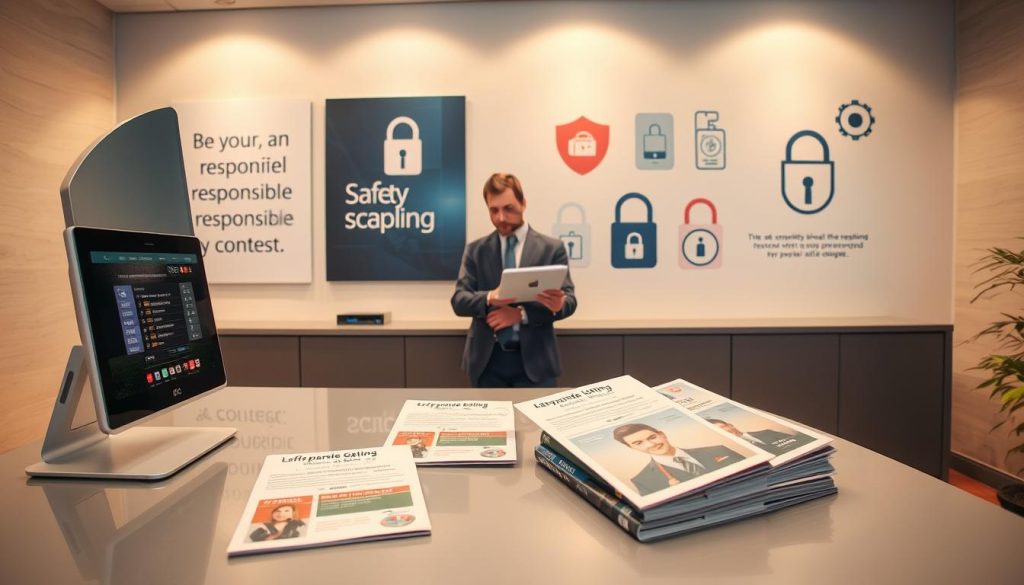 A tranquil office setting conveying responsible betting safety protocols. In the foreground, a sleek desk equipped with a computer showing a gaming platform's safety measures, surrounded by informative brochures on responsible betting. The middle ground features a professional adult in smart business attire, thoughtfully reviewing the materials. In the background, a calming wall displays inspirational graphics related to safe betting practices and symbols of security like locks and shields. Soft, warm lighting accentuates the atmosphere, creating a focus on safety and responsibility. The image should be captured from a slightly elevated angle, giving an inviting yet professional feel, emphasizing the importance of fun and safety in contest play.
