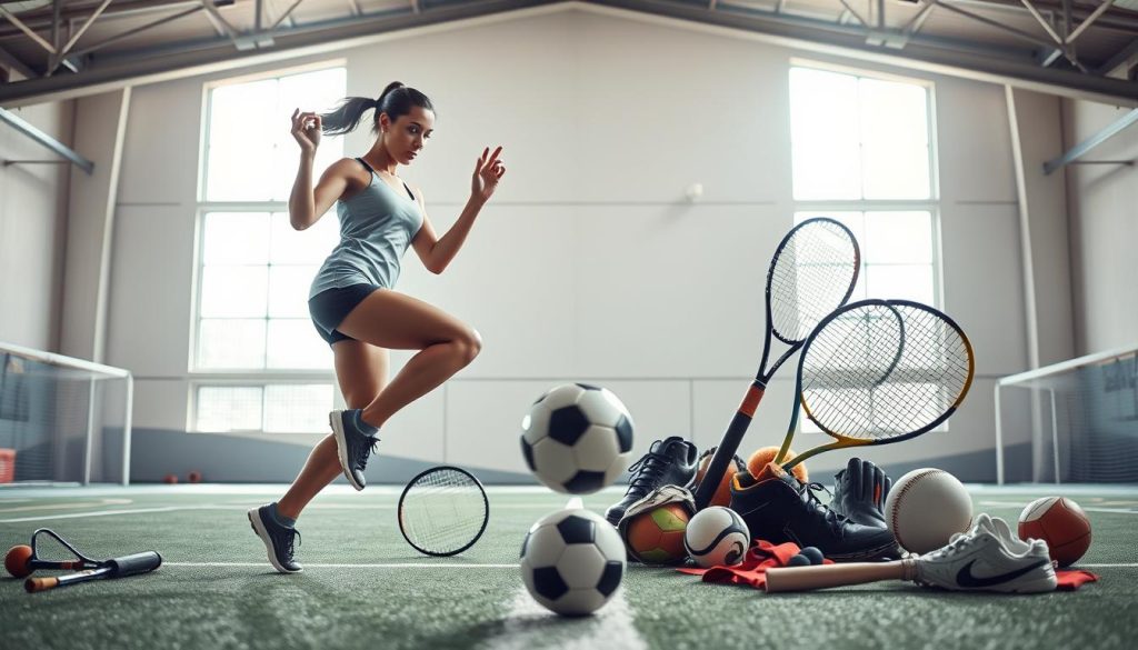 A vibrant, dynamic scene illustrating "cross-sport strategy" with a focus on skill transfer between different sports. In the foreground, a professional female athlete in modest athletic gear is skillfully juggling a basketball while dribbling a soccer ball with her feet, showcasing her agility and versatility. In the middle ground, various sports equipment like tennis rackets, baseball gloves, and workout gear are artistically arranged to symbolize the blend of skills. The background features a bright indoor sports arena, subtly illuminated by natural light streaming through large windows, creating a lively atmosphere. The angle captures motion and variety, emphasizing the idea that skills from one sport can enhance performance in another. The overall mood is energetic and inspiring, reflecting ambition and the joy of athleticism.