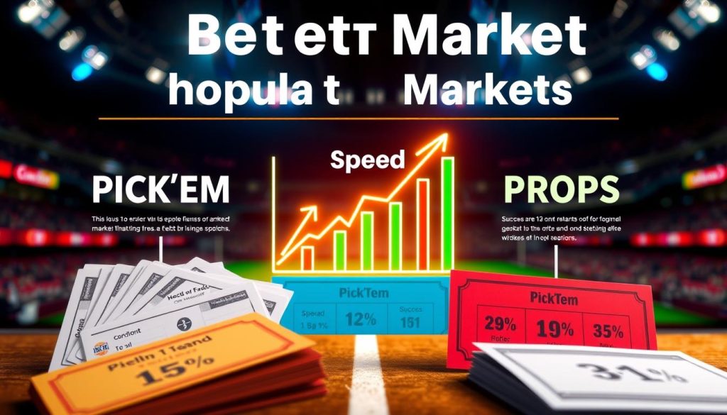 A visually striking infographic comparing three popular betting markets: Pick'em, Spread, and Props. In the foreground, showcase vibrant betting cards for each type, clearly delineated with distinct colors—red for Pick'em, blue for Spread, and green for Props. The middle ground features a stylized, illuminated graph that visually represents statistical data, with arrows and icons indicating success rates for each market. In the background, a softly blurred sports arena under dramatic lighting creates a dynamic, energetic atmosphere, evoking excitement around betting activities. Use a slightly elevated angle to capture the entire scene, emphasizing the contrast between the elements. The mood should be informative and engaging, making it visually appealing to an audience interested in strategic betting choices.
