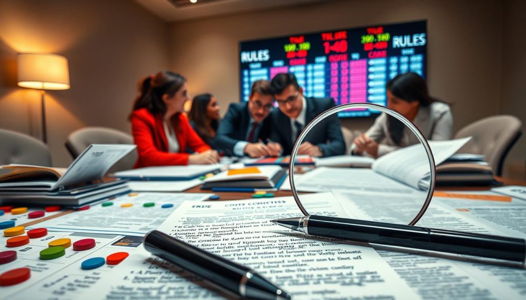 A close-up of a tabletop filled with various obscure contest rulebooks, surrounded by colorful tokens and scorecards. In the foreground, a magnifying glass highlights a critical tie-breaker clause, while a sleek black pen lies beside it. In the middle, a diverse group of focused professionals in business attire collaborates, discussing strategies, with expressions of intensity and determination. The background shows a softly lit conference room with a large scoreboard displaying tied scores, creating a palpable tension in the air. Soft shadows cast by a nearby lamp enhance the atmosphere of anticipation and high stakes, evoking the serious nature of decision-making. The image captures the essence of competitive analysis and strategy in a vibrant, engaging manner. A close-up of a tabletop filled with various obscure contest rulebooks, surrounded by colorful tokens and scorecards. In the foreground, a magnifying glass highlights a critical tie-breaker clause, while a sleek black pen lies beside it. In the middle, a diverse group of focused professionals in business attire collaborates, discussing strategies, with expressions of intensity and determination. The background shows a softly lit conference room with a large scoreboard displaying tied scores, creating a palpable tension in the air. Soft shadows cast by a nearby lamp enhance the atmosphere of anticipation and high stakes, evoking the serious nature of decision-making. The image captures the essence of competitive analysis and strategy in a vibrant, engaging manner.