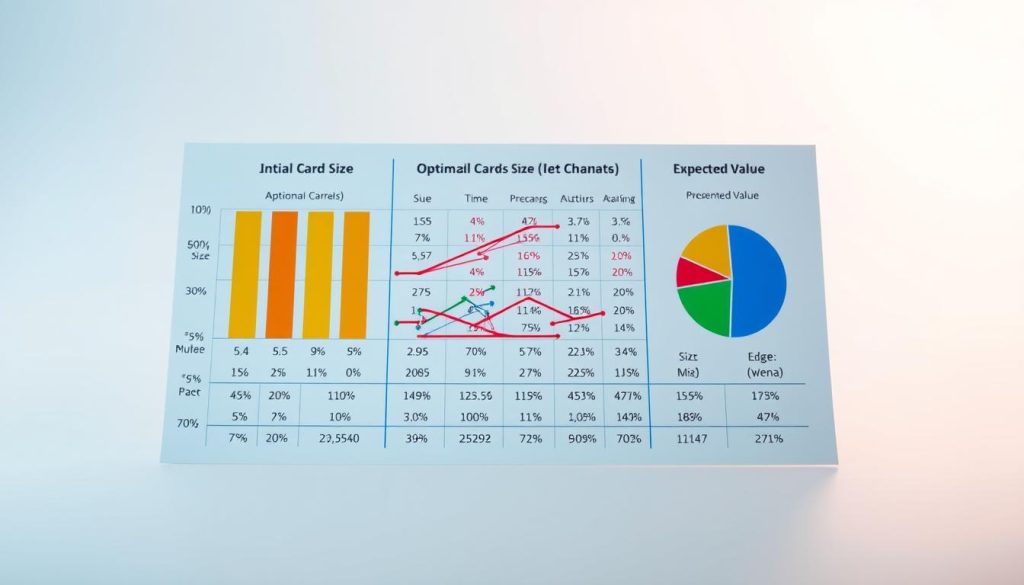 A detailed and colorful chart illustrating the optimal card size for expected value calculations, set against a soft gradient background that shifts from light blue to white. In the foreground, the chart features distinct, clear graphical elements such as bar graphs and pie slices, indicating various card sizes and their correlation to edge percentages. The middle section showcases complex data points with bright, contrasting colors for easy readability. Use a balanced composition, applying soft, diffused lighting to create an inviting atmosphere. The lens should capture the details sharply, while ensuring the overall ambiance is professional and engaging, ideal for an analytic article on probability in gaming strategies. The image should be free of any text overlays, ensuring clarity of the visual data presented.
