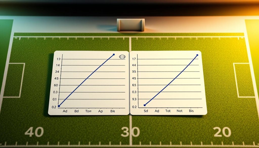 A detailed and informative diagram illustrating the concept of correlated and uncorrelated picks on a pick'em card. In the foreground, display two separate sections for correlated picks, showing positive correlation with steeper angle lines, and uncorrelated picks with horizontal lines, using a contrasting color scheme. In the middle ground, place a stylized pick'em card featuring graphical representations of various sports symbols like a football, basketball, and baseball. In the background, add faint outlines of a sports field to set the context. The lighting should be bright and clear, creating a professional and educational atmosphere, akin to a corporate presentation. Use a top-down view for clarity, ensuring no text or graphics distract from the diagram's educational purpose.