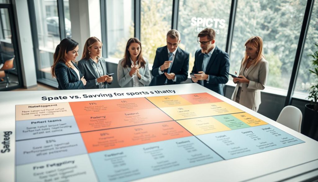 A detailed strategy chart illustrating the concept of "Save vs. Spend" for sports teams in a professional setting. In the foreground, a large, actionable strategy chart features color-coded segments representing different teams, each labeled with metrics such as performance potential and cost evaluation. In the middle ground, a diverse group of professionals in business attire are engaged in a discussion, analyzing the chart—some pointing to specific areas while others take notes, displaying focused expressions. The background shows a modern office with large windows allowing natural light to flood the room, casting soft shadows. The atmosphere is serious and collaborative, suggesting in-depth analysis and strategy planning, captured with a slight aerial perspective to highlight the chart and discussions below.