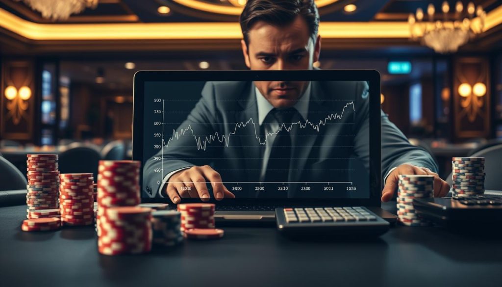 A detailed visual representation of bankroll management edge calculation, focusing on "Sizing by Edge and Field Size." In the foreground, a business professional, dressed in smart casual attire, is intently analyzing a sophisticated graph on a laptop, surrounded by stacks of poker chips and a calculator. In the middle, the graph shows fluctuating lines and numerical data indicating edge sizes and field dimensions. The background features a dimly lit, upscale casino environment with soft lighting that highlights the elegant atmosphere. A subtle sheen on the polished table surface reflects the warmth of ambient light, creating a focus on the analysis. The overall mood is one of concentration and strategy, capturing the essence of careful decision-making in bankroll management.