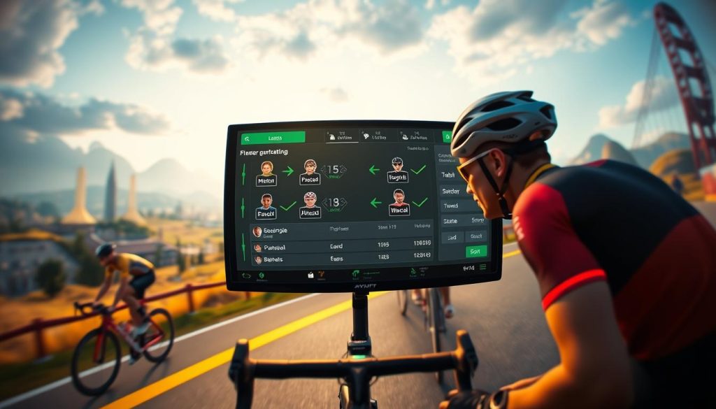 A dynamic scene depicting a vibrant Zwift leaderboard environment focused on strategy and opponent tracking in an online cycling race. In the foreground, a determined cyclist, wearing professional cycling apparel, intensely analyzes their screen displaying the leaderboard metrics. The middle layer features a digital interface with colorful avatars representing competitors and their ranks, with arrows showcasing blocking tactics in a strategic game plan. The background showcases a virtual cycling landscape with iconic landmarks and a glowing skyline, creating a lively atmosphere. Bright, focused lighting emphasizes the action, while a slight fish-eye lens effect adds depth and excitement, capturing the intensity of the competition. Overall, the image conveys a sense of urgency, strategy, and teamwork essential for climbing the leaderboard.
