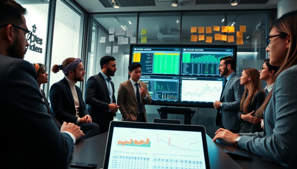 A modern office setting focused on sports analytics, showcasing a diverse group of professionals dressed in business attire, intensely collaborating over multiple digital screens displaying dynamic data visualizations related to sports projections. In the foreground, a laptop with graphs and algorithms related to feature engineering is open, showcasing intricate charts. The middle ground features a large interactive touchscreen displaying various data sources such as player stats, injury reports, and historical performance metrics. The background reveals a glass wall with post-it notes outlining the team's feature engineering strategy. Soft ambient lighting highlights the room with a professional yet innovative atmosphere, captured from a low angle to emphasize teamwork and technological tools.