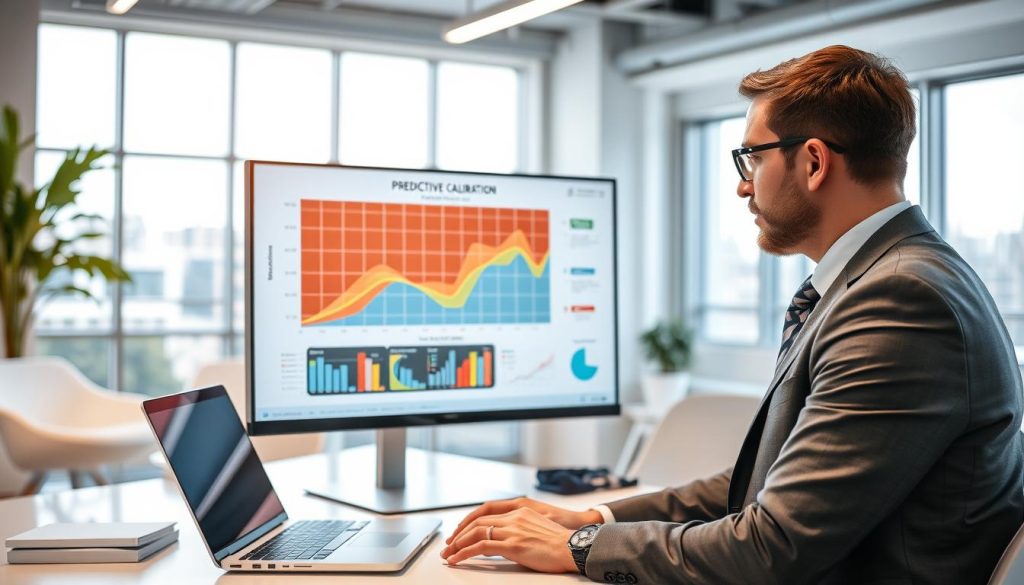 A professional data scientist in business attire is attentively analyzing a colorful predictive model calibration visualization displayed on a high-tech screen. In the foreground, the screen shows a detailed graph with curves representing different confidence intervals, surrounded by visual elements like scatter plots and heat maps. The middle ground features a clean, modern workspace with a sleek desk, a laptop, and analytical tools. The background captures a bright, open office environment with large windows allowing natural light to flood in, enhancing a sense of clarity and focus. The overall mood is analytical and innovative, emphasizing precision in data analysis and model calibration in the realm of data science.