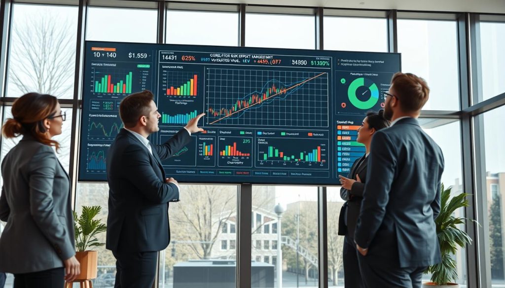 A professional office environment showcasing a sleek digital display board visualizing portfolio risk management and hedging strategies. In the foreground, a diverse team of financial analysts in smart business attire, engaged in discussion, with one pointing towards a complex graph illustrating correlation risk versus expected value (EV). The middle layer features an interactive dashboard filled with colorful metrics and diagrams like bar charts and scatter plots, seamlessly integrating risk factors. In the background, large windows allow natural light to flood in, creating a warm and uplifting atmosphere. The angle captures the dynamic interaction of the team while emphasizing the clarity of the data display. The overall mood is focused, analytical, and forward-thinking, underscoring the importance of strategic decision-making in finance.