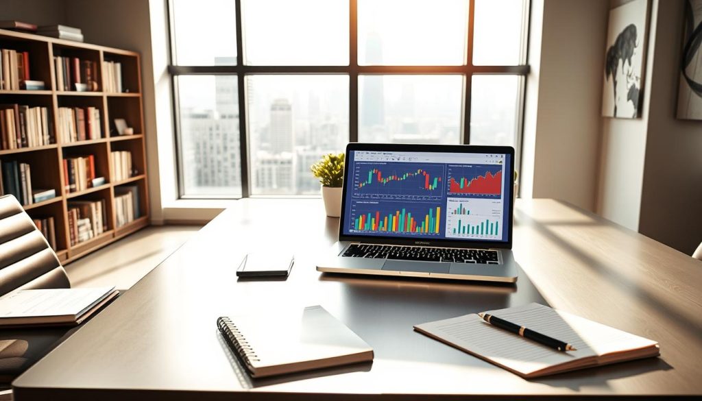 A serene and well-organized financial workspace depicting "portfolio hedge strategy levels." In the foreground, a sleek modern desk is equipped with an elegant laptop displaying colorful graphs and charts illustrating hedging strategies. Beside it, there's a notepad filled with neatly written notes. In the middle, a large window showcases a view of a bustling cityscape, symbolizing market activity, with sunlight filtering through, creating a warm atmosphere. On the desk, a small potted plant adds a touch of green, enhancing the professional vibe. The background features a bookshelf lined with financial literature and a subtle hint of abstract art on the walls, suggesting sophistication. The lighting is bright yet soft, promoting a focused and proactive mood, perfect for managing risk in financial portfolios.