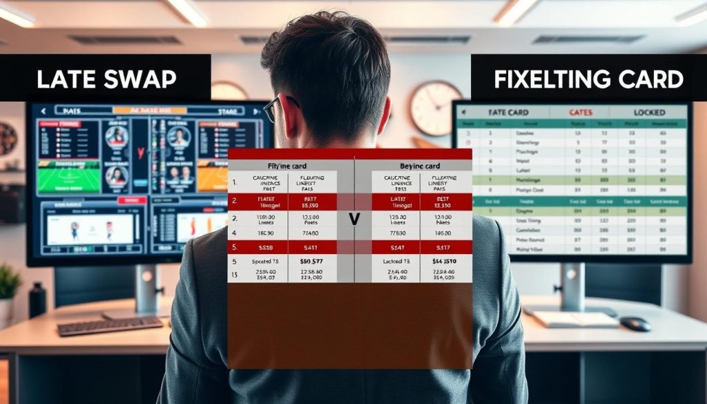 A split-scene visual contrasting "Late Swap" and "Fixed Betting Card" strategies in DFS. In the foreground, depict a focused player in professional business attire, analyzing data on two screens, one showcasing fluctuating player lineups with dynamic graphics and the other displaying a static betting card with locked-in bets. The middle layer features a large, visually striking chart comparing the two strategies, illustrating their differences in an engaging format. In the background, a modern, well-lit office environment with sleek furniture and sports memorabilia adds context. Use soft, warm lighting to create a thoughtful atmosphere, and employ a slightly elevated angle to enhance depth, making the viewer feel immersed in the analytical process of DFS strategy.