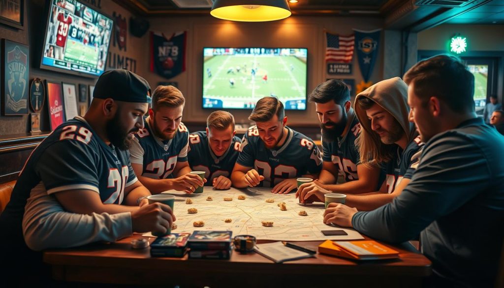 A strategic NFL eliminator travel trap scene depicting a group of diverse fans analyzing a travel map in a cozy sports bar setting. In the foreground, a table is cluttered with snacks and drinks, with fans wearing NFL jerseys and focused expressions. The middle background features a large screen displaying an NFL game, illuminated by dynamic lighting. To the left, a wall is adorned with memorabilia, including framed jerseys and team banners. The atmosphere is vibrant and intense, radiating a sense of camaraderie and strategy. The composition captures the essence of planning and teamwork under pressure, with warm lighting evoking a lively, yet focused mood. The lens captures the scene from a slightly elevated angle, providing a comprehensive view of the fans and their environment.