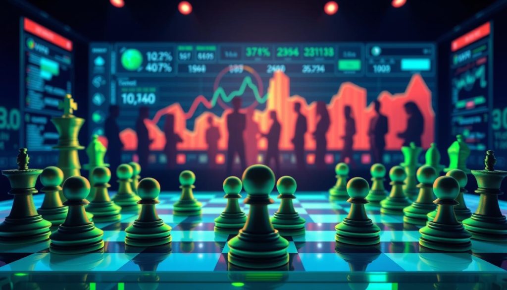 A stylized illustration of game theory strategy visualization, depicting a vibrant digital landscape representing competition. In the foreground, a clear chessboard with pieces in strategic positions symbolizes tactical plays and blocking maneuvers, exhibiting a high-contrast color scheme of deep blues and bright greens. The middle layer features abstract shapes and graphs, illustrating player statistics and low-variance strategies. The background should showcase a blurred digital leaderboard with silhouettes of diverse players in professional business attire, emphasizing focus and determination. Soft, ambient lighting highlights the chessboard while casting long shadows, creating a thoughtful and competitive atmosphere. Capture an aerial angle that provides a panoramic view of the entire setup, exuding an air of strategic planning and foresight.