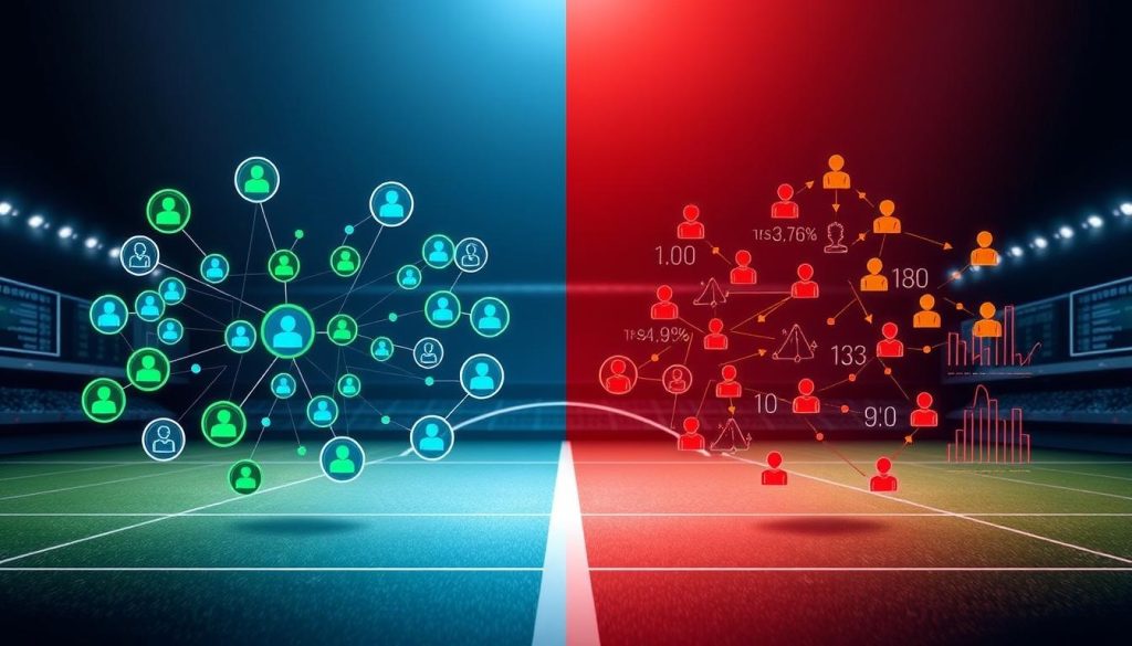 A visually striking infographic contrasting "DFS correlation stack" with "betting anti-correlation strategy." In the foreground, depict two split sections: one side shows interconnected symbols of team players and statistics, illustrating synergy and correlations, using bright colors like blue and green. The other side features distinct, disparate elements, like isolated player icons and graphs, representing the anti-correlation strategy, illustrated in contrasting colors like red and orange. In the middle ground, a smooth gradient flows between the two sections, symbolizing the transition of strategies. The background should be subtle, with a sleek, modern design, incorporating faint outlines of sports arenas and betting platforms, giving a professional atmosphere. Use soft lighting to enhance clarity and depth, with a slightly elevated angle for a dynamic view. The mood is analytical and engaging, inviting a deeper exploration of the strategies discussed.