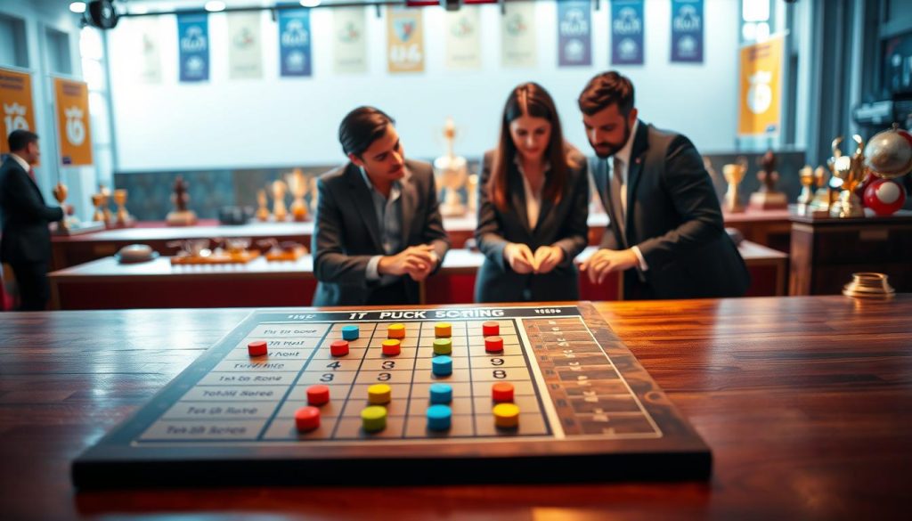 A well-organized illustration of scoring rules for contests and competitions, focusing on Push/Hook, Totals, and Prop Scoring. In the foreground, depict a stylish wooden table with a detailed scoring board featuring colorful markers for different scoring categories. In the middle ground, include a diverse group of three professionals in business attire engaged in discussion, analyzing the board with expressions of concentration. The background features a softly blurred competition environment with banners and trophies, conveying an atmosphere of excitement and achievement. Use dramatic lighting to highlight the table and subjects, with a slight overhead angle that draws the viewer’s eye to the scoring details while maintaining a professional tone throughout the composition. A well-organized illustration of scoring rules for contests and competitions, focusing on Push/Hook, Totals, and Prop Scoring. In the foreground, depict a stylish wooden table with a detailed scoring board featuring colorful markers for different scoring categories. In the middle ground, include a diverse group of three professionals in business attire engaged in discussion, analyzing the board with expressions of concentration. The background features a softly blurred competition environment with banners and trophies, conveying an atmosphere of excitement and achievement. Use dramatic lighting to highlight the table and subjects, with a slight overhead angle that draws the viewer’s eye to the scoring details while maintaining a professional tone throughout the composition.