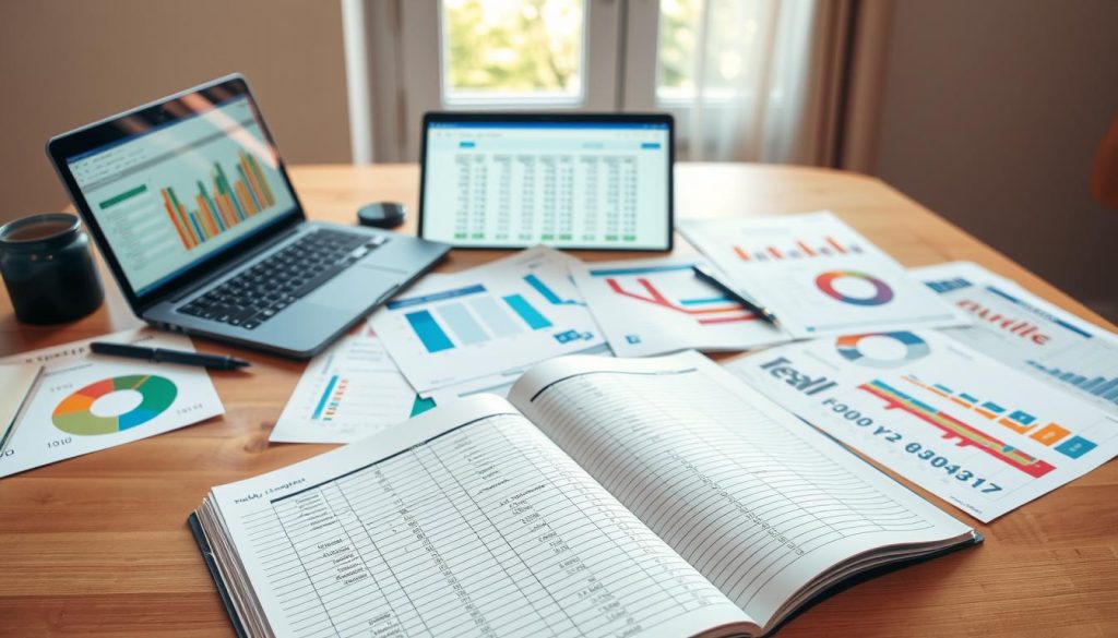 A well-organized workspace featuring various weekly and seasonal budgeting templates laid out on a clean wooden desk. In the foreground, a detailed ledger book opens to a page with neatly arranged columns and color-coded entries, surrounded by colorful budgeting charts and graphs. The middle layer includes a calculator and a laptop displaying financial software, suggesting active management of bankrolls. In the background, a window lets in soft, natural light, creating a warm and inviting atmosphere. The mood is focused and professional, emphasizing the importance of careful financial planning. The scene is devoid of any text or distractions, allowing the viewer to appreciate the methodical arrangement of budgeting tools.