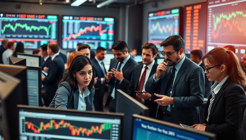 A bustling trading floor, vividly depicting a diverse group of professionals in business attire, analyzing market trends on digital screens surrounded by graphs and stock charts. In the foreground, a focused trader leans over a computer, her expression conveying intent as she studies fluctuating data. In the middle ground, colleagues engage in animated discussions, pointing at charts showcasing herd behavior and market sentiment, with some looking through magnifying glasses for detailed analysis. The background illustrates a high-tech environment with large, illuminated screens displaying real-time market data, creating a vibrant and dynamic atmosphere. Soft, natural lighting filters through large windows, hinting at a sense of urgency and excitement, capturing the essence of navigating market psychology.