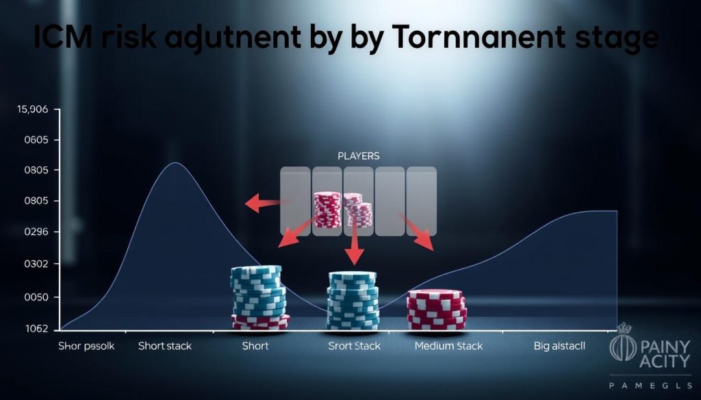 A detailed infographic illustrating "ICM risk adjustment by tournament stage" depicts the progression of risk versus reward in a competitive environment. In the foreground, graph-like structures visualize data points correlating to different tournament stages, with a semi-transparent overlay of stacked poker chips representing prize pools. The middle layer features a stylized chart showing player positions (short stack, medium stack, big stack) with arrows indicating changes in risk alignment. The background displays soft gradients transitioning from dark to light, symbolizing the progression of the tournament. The lighting is bright and focused, casting gentle shadows to enhance the dimensional feel. The mood is professional and analytical, capturing a sense of strategy and decision-making in competitive gaming contexts. The aspect ratio should be suitable for articles, enhancing readability and visual appeal.