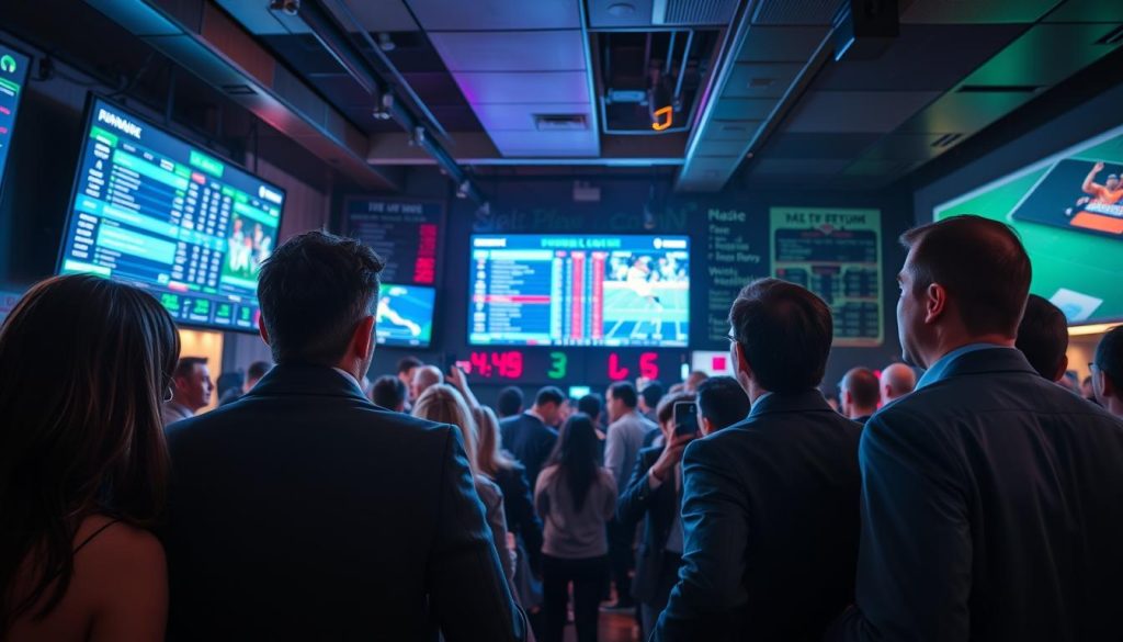 A dynamic and engaging scene of a live betting environment, set in a modern sports bar filled with enthusiastic fans. In the foreground, a diverse group of three professionals in business attire intensely focus on multiple large screens displaying live sports events, accompanied by real-time statistics and betting odds visibly fluctuating. In the middle ground, colorful lighting from the screens casts a vibrant glow over the patrons, creating an energetic atmosphere. A chalkboard or digital display in the background shows key factors such as pace, player injuries, and weather updates relevant to the ongoing games. The mood is electric, with excitement and anticipation in the air, capturing the essence of strategic in-play betting decisions. Utilize a slightly wide-angle lens to encompass the whole scene, highlighting both the people and the screens.