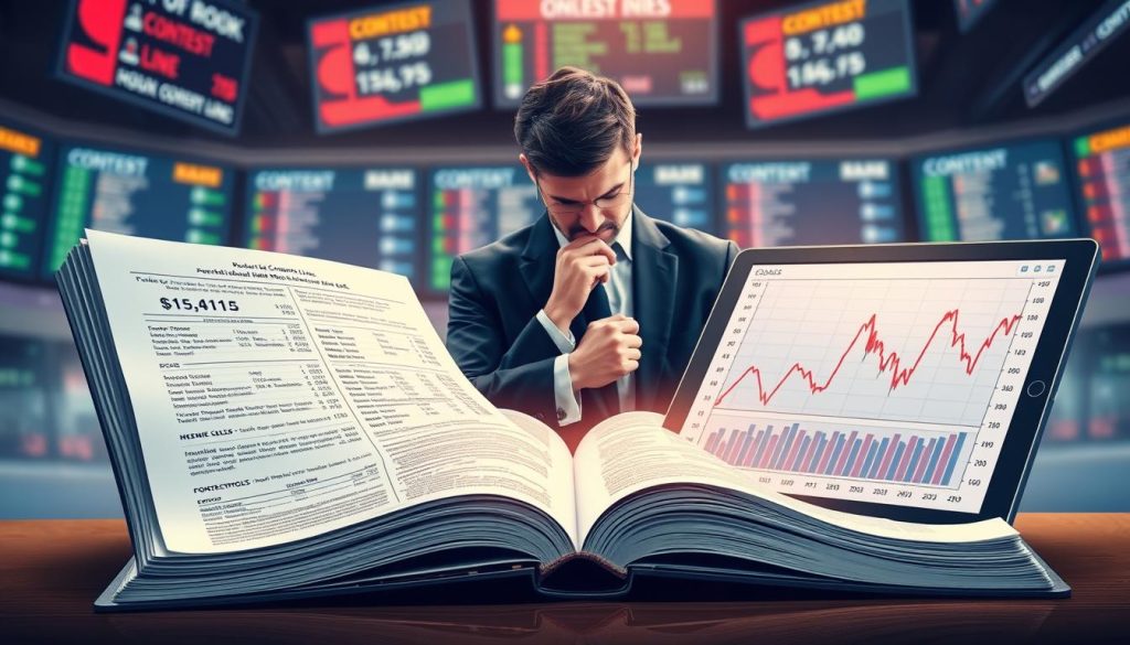 A dynamic illustration contrasting the concept of "books" and "contest lines discrepancies." In the foreground, a large, open book displays meticulous statistics and betting odds, highlighting the nuances between traditional betting and contemporary contest lines. Beside it, a digital tablet shows fluctuating contest line values, visually emphasizing discrepancies with vibrant graphs. In the middle ground, a professional individual in a suit analyzes these two sources, deep in thought, symbolizing the analytical approach required in this field. The background features a blurred sportsbook environment, with screens displaying live contest updates and odds. Soft, focused lighting enhances the serious, contemplative mood, conveying a sense of professionalism and the importance of understanding these discrepancies in competitive settings.
