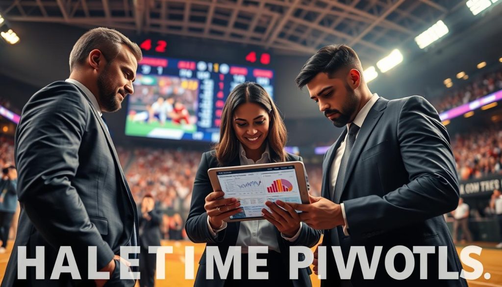 A dynamic scene capturing a sports halftime strategy meeting, focusing on the theme of "halftime pivots." In the foreground, a diverse group of three professionals in smart business attire huddle around a digital tablet displaying in-game stats and graphs. The middle ground features a large screen showing live sports action, with a scoreboard and fluctuating odds. In the background, the atmosphere is electric, with blurred silhouettes of a cheering crowd and stadium lights casting a warm glow over the scene. The image should evoke a sense of urgency and strategic thinking. Use dramatic lighting to highlight the professionals’ focused expressions, with a slight angle from below to emphasize their determination. The overall mood is intense and engaging, perfect for mid-contest decision-making.