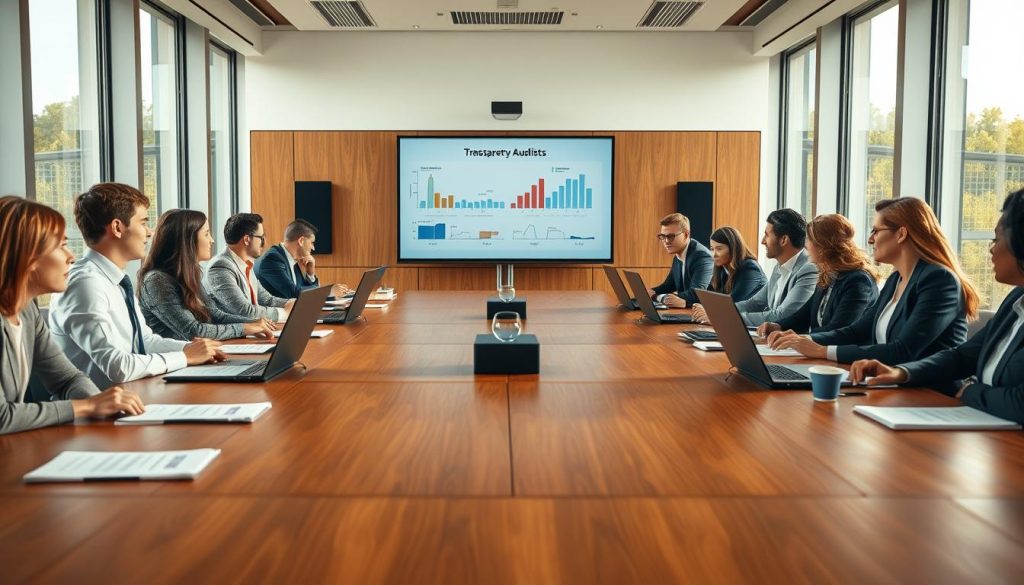 A meticulously arranged conference room set for a contest integrity process audit. In the foreground, a long wooden table is lined with documents and laptops, symbolizing transparency and careful scrutiny. Professional individuals, dressed in business attire, engage in discussions, their expressions focused yet collaborative. In the middle, a prominent presentation screen displays graphs and charts illustrating the auditing process, emphasizing fairness and clarity. The background features large windows with natural light flooding in, creating a bright and open atmosphere. The scene has a balanced, composed feel, aiming to convey trustworthiness and professionalism, encouraging the viewer to connect with the essence of transparent contests. The overall lighting is warm and inviting, enhancing the mood of cooperation and vigilance. A meticulously arranged conference room set for a contest integrity process audit. In the foreground, a long wooden table is lined with documents and laptops, symbolizing transparency and careful scrutiny. Professional individuals, dressed in business attire, engage in discussions, their expressions focused yet collaborative. In the middle, a prominent presentation screen displays graphs and charts illustrating the auditing process, emphasizing fairness and clarity. The background features large windows with natural light flooding in, creating a bright and open atmosphere. The scene has a balanced, composed feel, aiming to convey trustworthiness and professionalism, encouraging the viewer to connect with the essence of transparent contests. The overall lighting is warm and inviting, enhancing the mood of cooperation and vigilance.
