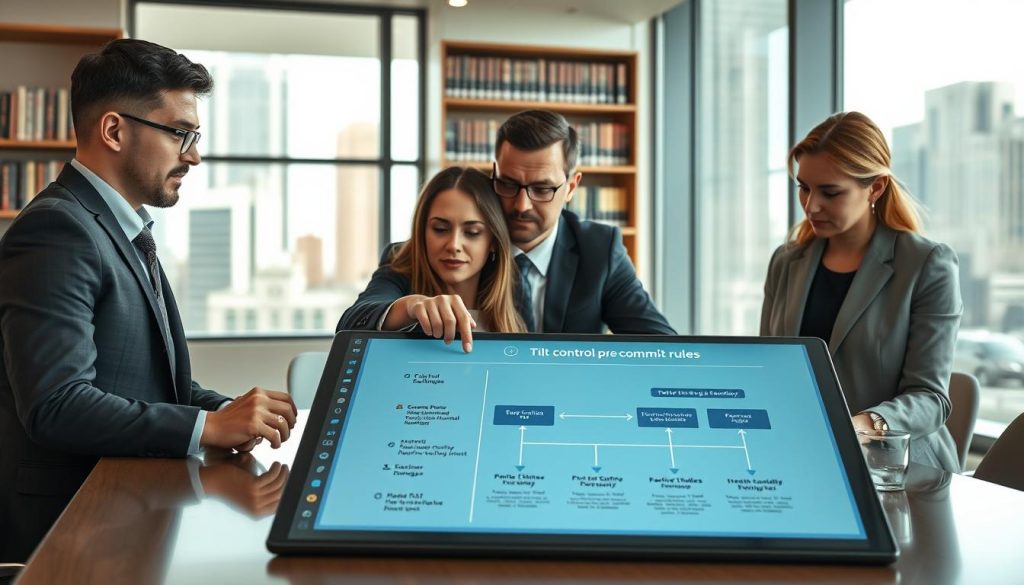 A modern office setting where a diverse group of three professionals, dressed in smart business attire, are engaged in a focused discussion around a large table. In the foreground, a digital display shows a visually appealing graphic of "tilt control pre-commit rules" with flowcharts and stop-loss strategies. The middle ground features them pointing at the display, clearly analyzing the data. Soft, natural lighting coming from large windows creates an inviting atmosphere, with reflections of city buildings in the glass. The background has shelves filled with books on finance and psychology, hinting at a theme of managing risk and emotion. The mood conveys diligence and collaboration in a risk management context.