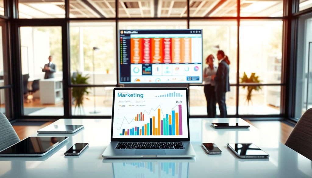 A modern office setting with a sleek white desk at the forefront, featuring a high-tech laptop displaying colorful graphs and charts signifying marketing results. Surrounding the laptop, there are various digital devices like tablets and smartphones, showcasing real-time analytics. In the middle ground, a large digital screen mounted on the wall displays a vibrant database interface filled with data visualizations and metrics. The background features a glass-walled conference room with a professional team in business attire engaged in discussion, emphasizing collaboration. Warm, natural lighting filters through the office windows, creating an inviting atmosphere. The scene captures a sense of focus, productivity, and innovation, ideal for illustrating the concept of building a results database in marketing.