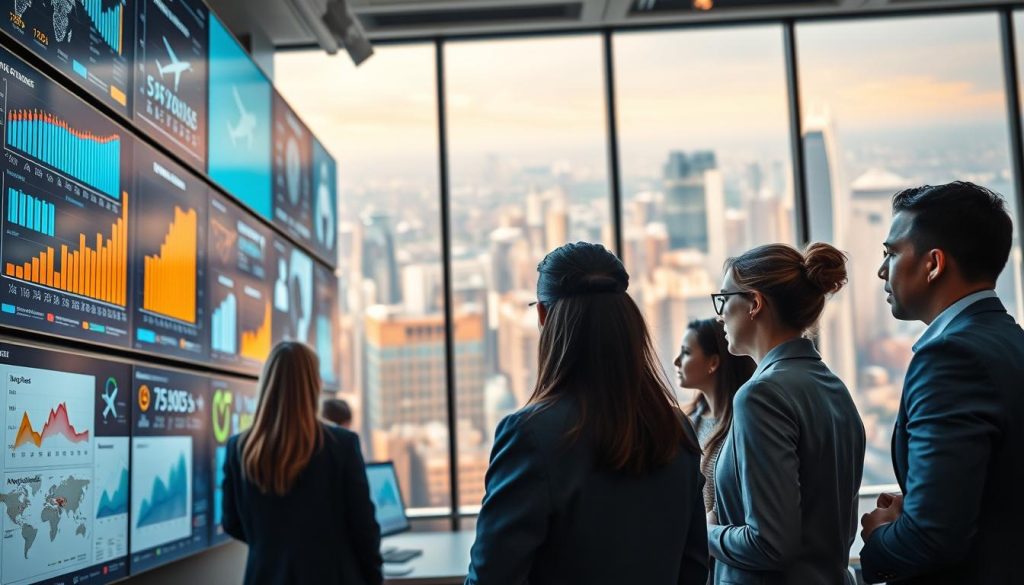 A modern office space filled with large digital screens displaying colorful graphs and charts related to travel fatigue data analysis. In the foreground, a diverse group of professionals in business attire, intently discussing the data while analyzing the visuals on the screens. In the middle ground, an energetic atmosphere filled with bright lighting that emphasizes the technology, showcasing various travel-related icons like airplanes, weather symbols, and maps. The background features a large window with a scenic view of a bustling cityscape, symbolizing global travel. Use a slightly angled perspective to create depth, highlighting the collaboration amidst the analytical technology, conveying a mood of focus and determination in achieving better travel insights.