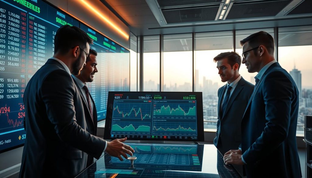 A modern sports betting analysis scene set in a sleek, tech-driven office environment. In the foreground, a diverse group of three professionals, wearing smart business attire, huddle around a large digital display showing fluctuating betting lines and graphs. The middle layer features a high-tech analysis board with flowing data visuals, highlighting various betting patterns and movements. In the background, panoramic windows reveal a bustling cityscape under soft, late afternoon light, casting a warm glow that enhances the scene's focus on strategic decision-making. The atmosphere is dynamic, filled with energy and anticipation, as the team collaborates intensely, embodying a sense of urgency around capturing closing line value in contests. The perspective is slightly angled to emphasize depth and engagement.