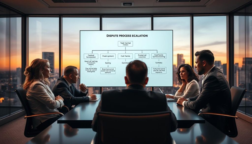 A professional boardroom scene illustrating the concept of "dispute process escalation." In the foreground, a diverse group of three business professionals in formal attire, engaged in a heated but respectful discussion around a sleek conference table, displaying strong expressions of concern and determination. In the middle ground, a large, clear diagram of an escalation flowchart is prominently displayed on a digital screen, outlining the steps of dispute resolution. The background features a modern office environment with large windows showing a city skyline at dusk, casting warm, ambient lighting. The atmosphere conveys urgency and professionalism, with soft shadows highlighting the tension of the situation while maintaining a focus on collaboration and resolution. A professional boardroom scene illustrating the concept of "dispute process escalation." In the foreground, a diverse group of three business professionals in formal attire, engaged in a heated but respectful discussion around a sleek conference table, displaying strong expressions of concern and determination. In the middle ground, a large, clear diagram of an escalation flowchart is prominently displayed on a digital screen, outlining the steps of dispute resolution. The background features a modern office environment with large windows showing a city skyline at dusk, casting warm, ambient lighting. The atmosphere conveys urgency and professionalism, with soft shadows highlighting the tension of the situation while maintaining a focus on collaboration and resolution.