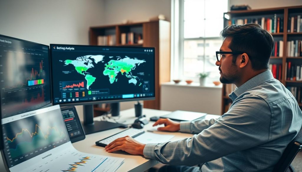 A professional business analyst sitting at a modern desk in a well-lit office, deeply focused on a large screen displaying complex betting analysis graphs and weather data. The foreground features charts and colorful line graphs, indicating betting odds and statistics. In the middle, a large monitor showcases a world map with travel routes highlighted, reflecting context-based betting strategies. In the background, bookshelves filled with sports and analytics books suggest expertise. Soft natural light filters through a window, creating a calm and insightful atmosphere. The analyst is dressed in smart casual attire, projecting professionalism and engagement in the subject matter. The image captures a blend of technology and analytics with a sense of focus and anticipation.