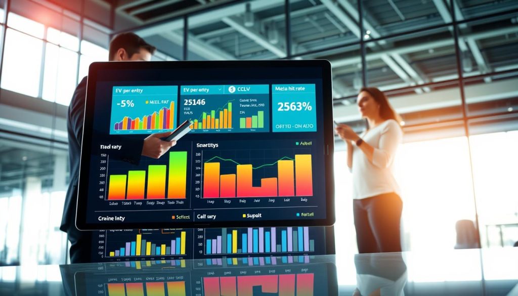 A professional business setting showcasing a visual representation of key marketing KPIs, emphasizing metrics like EV per entry, CLV, and meta hit rate. In the foreground, a sleek digital dashboard displays vibrant graphs and charts illustrating these KPIs, with an emphasis on upward trends and data analysis. The middle ground features two professionals in business attire, one analyzing data on a tablet and the other taking notes, communicating with focus and engagement. The background consists of a modern office with glass walls, large windows allowing natural light to flood the space, creating a bright and optimistic atmosphere. The angle captures the action dynamically, emphasizing collaboration and data-driven decision-making. Overall, the mood is professional and inspiring, highlighting growth and analysis in marketing performance.