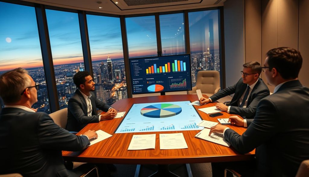 A professional venture capital meeting in a sleek, modern conference room. In the foreground, a diverse group of four business professionals, dressed in sharp, tailored suits, is engaged in an animated discussion around a polished wooden table covered with spreadsheets and financial graphs. In the middle, a large digital screen displays a dynamic pie chart illustrating ownership percentages and popularity proxies of various startups, emphasizing investment data. The background features floor-to-ceiling windows offering a panoramic view of a bustling city skyline at dusk, with warm ambient lighting casting a sophisticated glow. The atmosphere is focused and collaborative, conveying the importance of strategic portfolio construction. The scene is captured from a slight overhead angle to provide depth and context to the meeting. A professional venture capital meeting in a sleek, modern conference room. In the foreground, a diverse group of four business professionals, dressed in sharp, tailored suits, is engaged in an animated discussion around a polished wooden table covered with spreadsheets and financial graphs. In the middle, a large digital screen displays a dynamic pie chart illustrating ownership percentages and popularity proxies of various startups, emphasizing investment data. The background features floor-to-ceiling windows offering a panoramic view of a bustling city skyline at dusk, with warm ambient lighting casting a sophisticated glow. The atmosphere is focused and collaborative, conveying the importance of strategic portfolio construction. The scene is captured from a slight overhead angle to provide depth and context to the meeting.