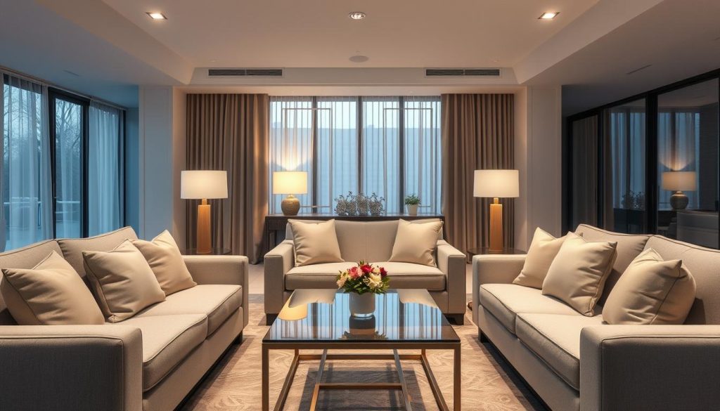 A serene and inviting scene depicting a soft lobby designed for relaxation and comfort. In the foreground, plush sofas with pastel-colored cushions are neatly arranged around a glass coffee table, adorned with a small vase of fresh flowers. The middle layer features gentle ambient lighting from stylish lamps, casting a warm glow across the space, creating a tranquil atmosphere reminiscent of late nights or holiday gatherings. The background shows large windows draped with sheer curtains, letting in soft, diffused light. A subtle, inviting color palette of soft blues, greens, and creams enhances the calming vibe. The image captures a quiet moment, evoking feelings of peace and relaxation, perfect for a gathering during soft windows like holidays.