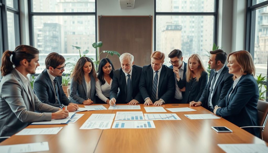 A serene office environment with a large conference table at the foreground, adorned with papers and charts. In the middle, a diverse group of professionals dressed in smart business attire are engaged in a thoughtful discussion about tilt control routines. Some are scribbling notes, while others are deep in contemplative thought, reflecting determination and focus. In the background, large windows allow natural light to flood the space, creating a warm and motivating atmosphere. Potted plants add a touch of greenery. The overall mood is one of collaboration and critical analysis, emphasizing mental strength and strategy in risk management. The image captures a high-angle perspective to show the dynamics of teamwork and the importance of review cadence in a successful routine.