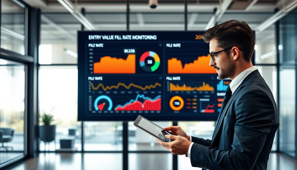 A sleek, modern office space displays a large digital dashboard showcasing "Entry Value Fill Rate Monitoring" data. In the foreground, a focused business professional in smart attire analyzes graphs and statistics on a tablet, highlighting the importance of data tracking. In the middle, the vibrant dashboard features dynamic charts and gauges with bright colors, illustrating fluctuating fill rates. The background includes a minimalistic yet stylish office design with large windows allowing natural light to filter in, creating a bright and engaging atmosphere. The scene is captured from a slightly elevated angle, emphasizing both the analytical process and the impressive technology. The mood is one of concentration and professionalism, reflecting the critical need for effective monitoring in a fast-paced environment.