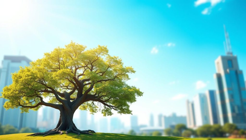 A visually engaging scenario tree illustrating the concept of diversification in portfolio construction. In the foreground, a large tree with branching paths symbolizing different investment scenarios, each branch labeled with diverse asset classes like stocks, bonds, and real estate. In the middle ground, a clear blue sky creates an uplifting atmosphere, with sunlight streaming down to highlight the tree's growth. The background features a blurred city skyline, representing the financial market environment. Use soft, natural lighting to create a sense of hope and opportunity. The angle should give a slightly elevated view, emphasizing the complexity and interconnectedness of strategies within the scenario tree. The overall mood conveys strategic planning and thoughtful decision-making in finance. A visually engaging scenario tree illustrating the concept of diversification in portfolio construction. In the foreground, a large tree with branching paths symbolizing different investment scenarios, each branch labeled with diverse asset classes like stocks, bonds, and real estate. In the middle ground, a clear blue sky creates an uplifting atmosphere, with sunlight streaming down to highlight the tree's growth. The background features a blurred city skyline, representing the financial market environment. Use soft, natural lighting to create a sense of hope and opportunity. The angle should give a slightly elevated view, emphasizing the complexity and interconnectedness of strategies within the scenario tree. The overall mood conveys strategic planning and thoughtful decision-making in finance.
