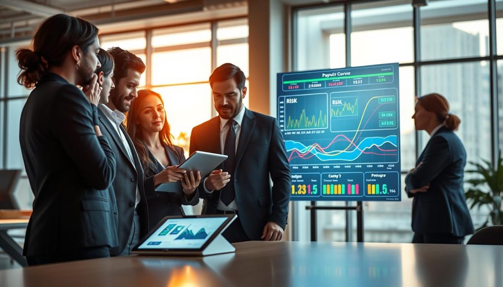 An artistic depiction of an ICM betting contest, focusing on an intuitive approach to understanding payout curves. In the foreground, a group of diverse individuals, dressed in professional business attire, are engaged in a thoughtful discussion, analyzing charts and data on a sleek digital tablet. The middle of the scene features a dynamic digital display showing colorful graphs and payout curves, representing various risk levels and potential prizes. In the background, a modern office environment with large windows that let in soft, natural light, casting a warm glow over the setting. The atmosphere is focused and analytical, conveying a sense of strategy and critical thinking in the world of betting contests. The overall composition is balanced, with a slight depth of field that keeps the focus on the foreground interaction while hinting at the complexity of the data visuals.