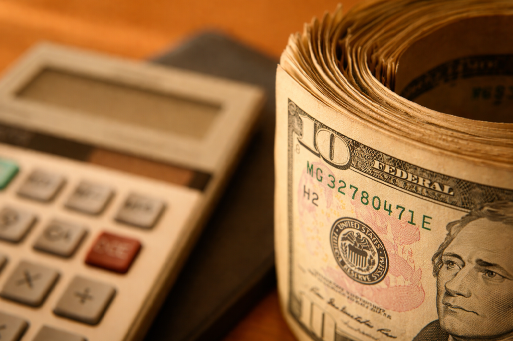 Rolled ten-dollar bills and calculator