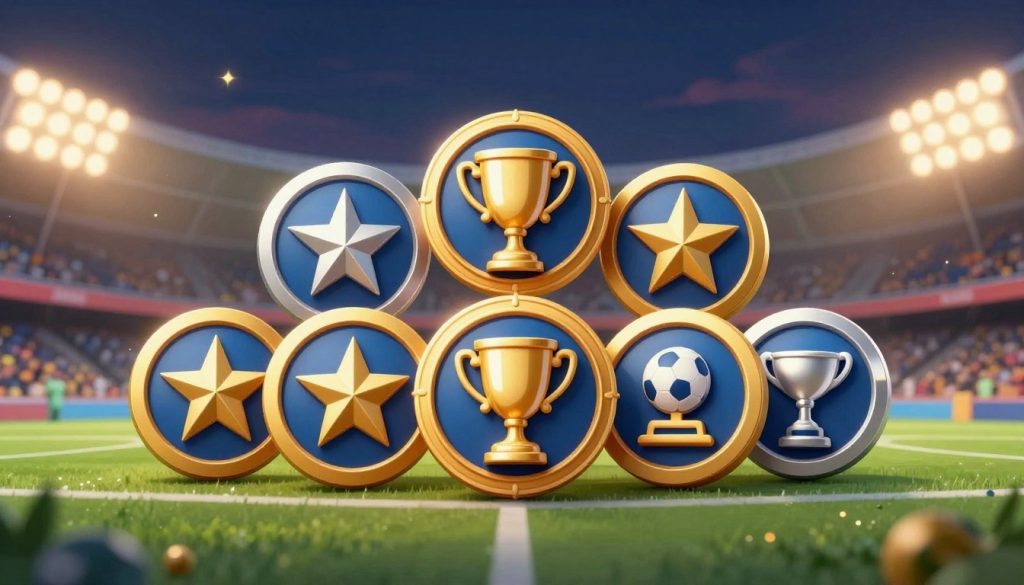 A collection of vibrant digital badges designed for sports betting contests, prominently displayed in the foreground. Each badge showcases unique designs, such as stars, trophies, and stylized sports equipment, with a mix of bright colors like gold, silver, and deep blue. In the middle ground, a subtle blurred graphic representation of a sports stadium adds depth, with lights shimmering in the evening ambiance. The background features soft gradients of dark navy fading to a lighter shade, enhancing the focus on the badges. The lighting is warm and inviting, casting soft shadows that create a sense of excitement. The atmosphere conveys a sense of achievement and competitive spirit, reflecting the thrill of winning in the digital realm of sports betting.