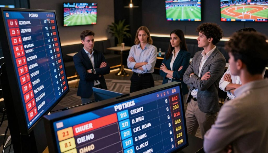 A dynamic and visually striking scene depicting a betting leaderboard in a modern competition setting. In the foreground, a sleek digital leaderboard displays top contenders' names and scores illuminated in bright colors. In the middle ground, focused participants of diverse backgrounds are intensely studying the leaderboard, some standing with arms crossed while others lean in for a closer look, all dressed in smart casual attire. The background features a sophisticated betting lounge with screens showing various sporting events, accentuated by soft, ambient lighting that creates an atmosphere of excitement and tension. The angle is slightly elevated, providing a comprehensive view of both the leaderboard and the engaged participants. The overall mood is competitive and energetic, emphasizing the driving force of leaderboards in betting competitions.