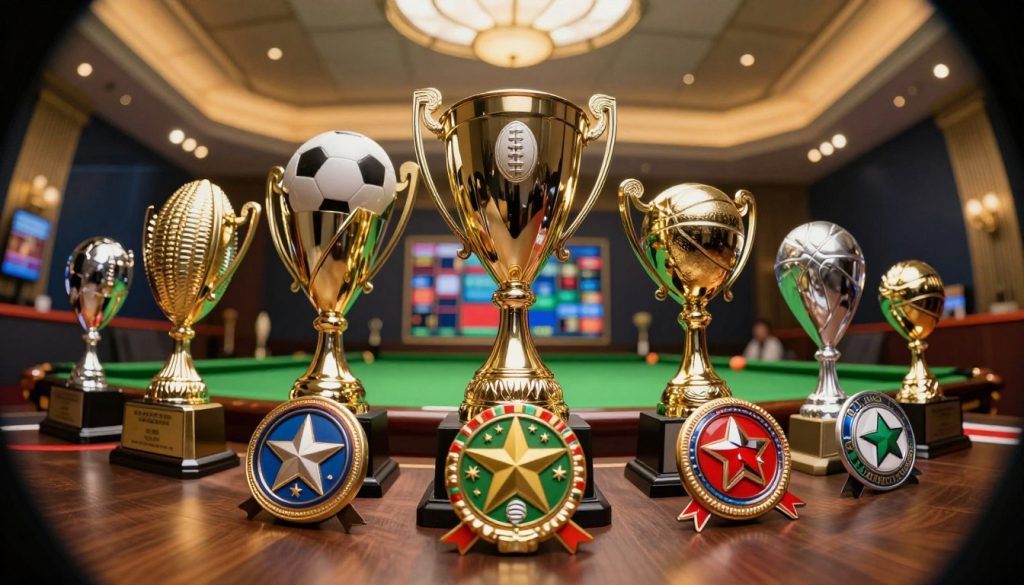 A dynamic composition showcasing an array of shiny trophy systems and intricate betting badges displayed prominently in the foreground. The trophies should be gleaming gold and silver, adorned with sports motifs like footballs and basketballs, reflecting a competitive spirit. In the middle-ground, elegant betting badges featuring vibrant colors and designs, such as stars and ribbons, should be positioned artistically around the trophies. The background should depict a blurred, upscale sports venue ambiance with soft golden lighting creating a celebratory mood. Capture this scene with a slight fisheye lens effect, focusing on the trophies and badges while maintaining depth. The atmosphere should evoke excitement and anticipation, ideal for illustrating the thrill of sports betting contests.