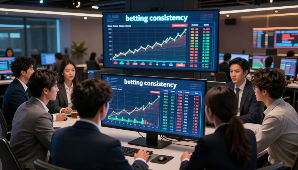 A dynamic scene depicting the concept of "betting consistency," set in an engaging, modern betting platform environment. In the foreground, a diverse group of professional individuals in business attire is gathered around a sleek digital interface, analyzing live betting statistics on multiple screens. The middle ground features vibrant charts and graphs showcasing upward trends that symbolize a hot streak in betting. The background reveals a modern, stylish betting room filled with soft ambient lighting, emphasizing a lively atmosphere. A central focus on glowing betting odds enhances the excitement. The image should be captured from a slightly elevated angle to provide a comprehensive view, conveying a sense of optimism and strategic thinking. The mood is energetic and focused, symbolizing success and consistency in betting strategy.